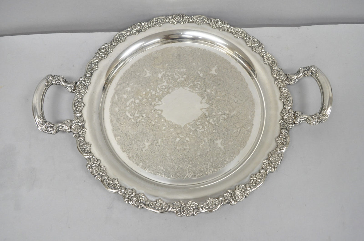 Vintage Oneida Victorian Round Silver Plated Serving Platter Tray w/ Handles