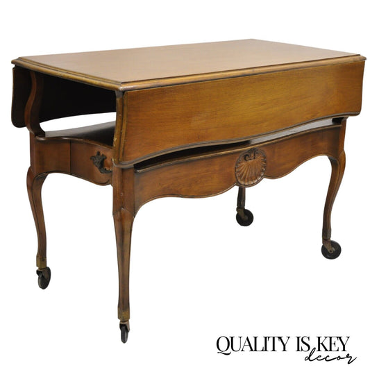 Vintage French Country Style Cherry Wood 2 Drawer Drop Leaf Rolling Serving Cart
