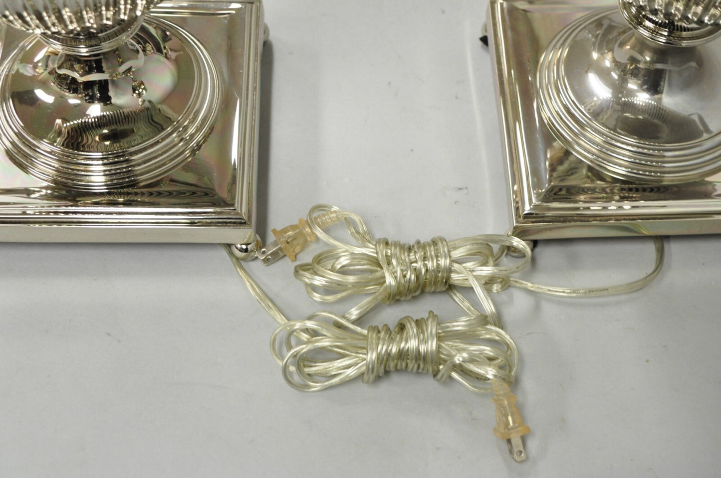 English Regency Style French Empire Silver Plated Large Urn Table Lamps - Pair