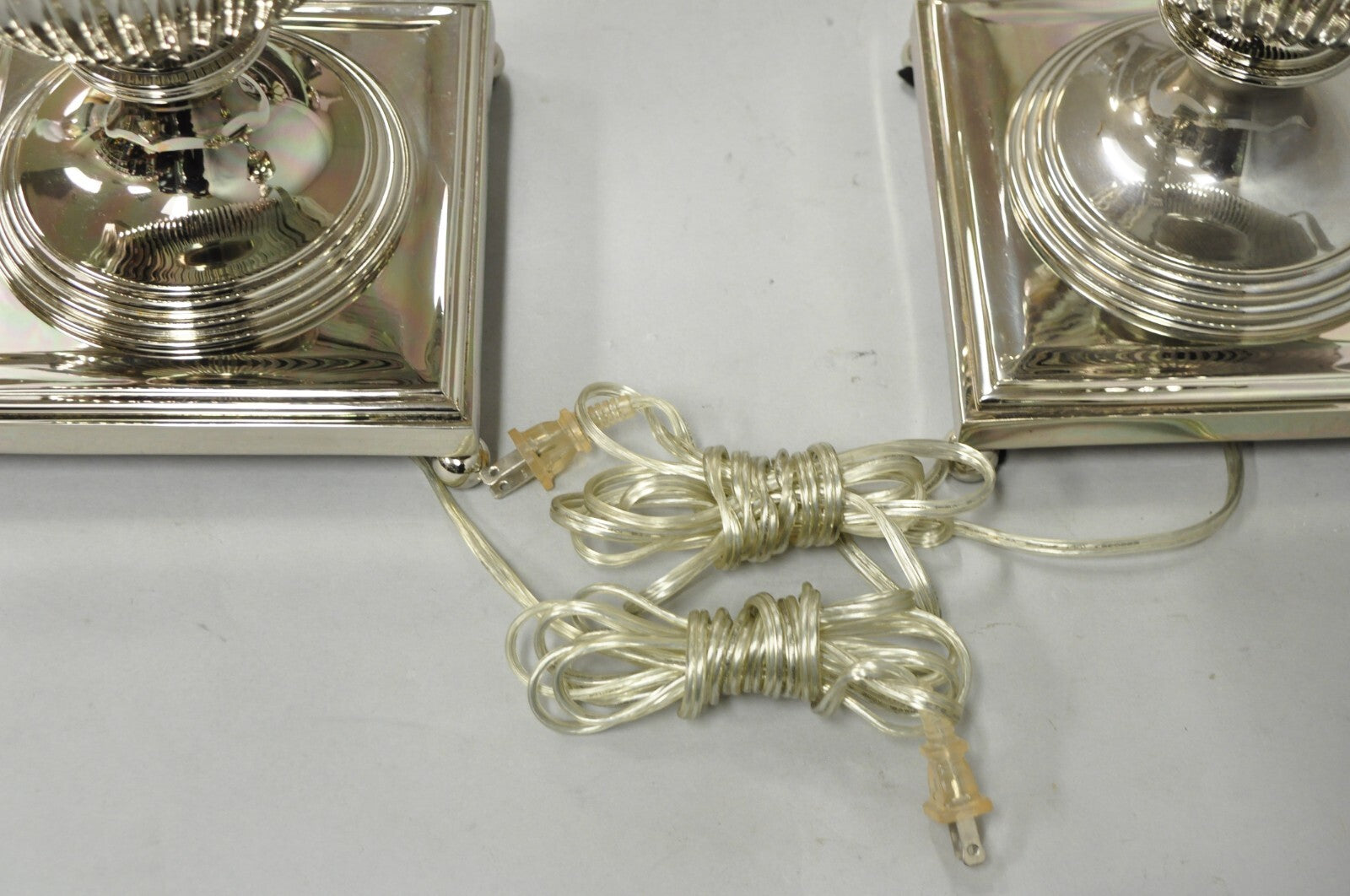 English Regency Style French Empire Silver Plated Large Urn Table Lamps - Pair