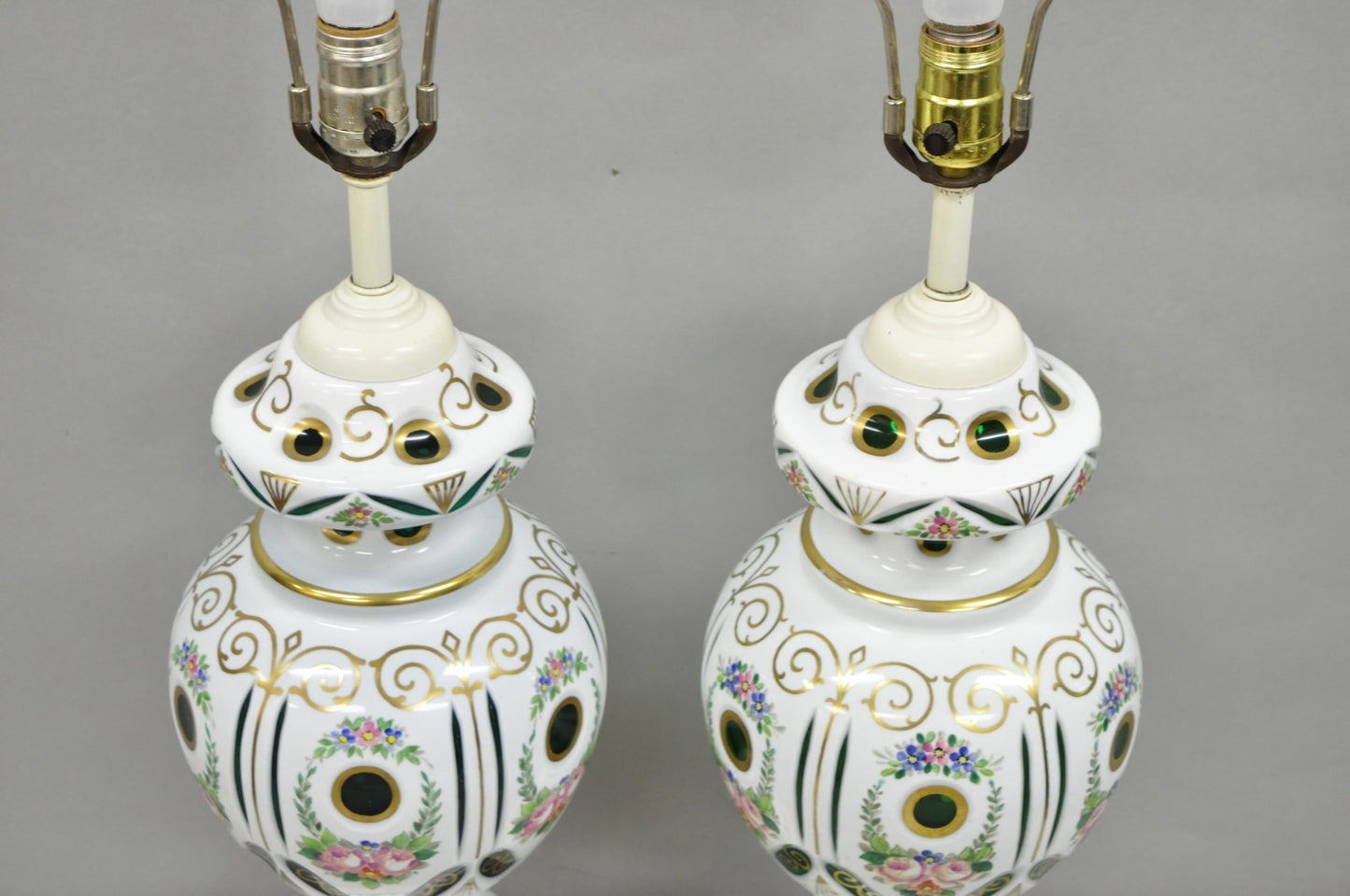 Antique Bohemian Czech Glass Green and White Flower Painted Table Lamps - a Pair