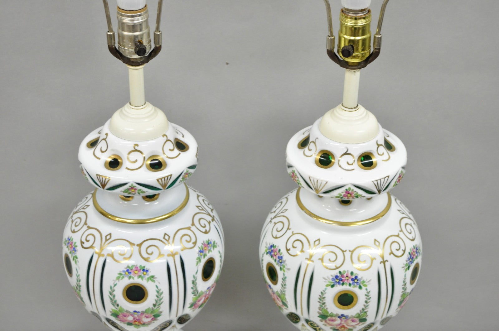 Antique Bohemian Czech Glass Green and White Flower Painted Table Lamps - a Pair