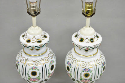 Antique Bohemian Czech Glass Green and White Flower Painted Table Lamps - a Pair