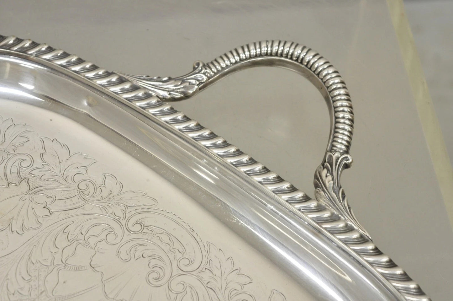 Vintage Victorian EPC Silver Plated Etched Twin Handle Serving Platter Bar Tray