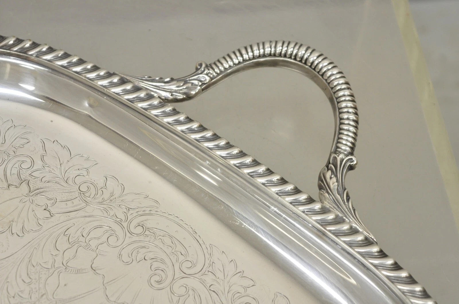 Vintage Victorian EPC Silver Plated Etched Twin Handle Serving Platter Bar Tray