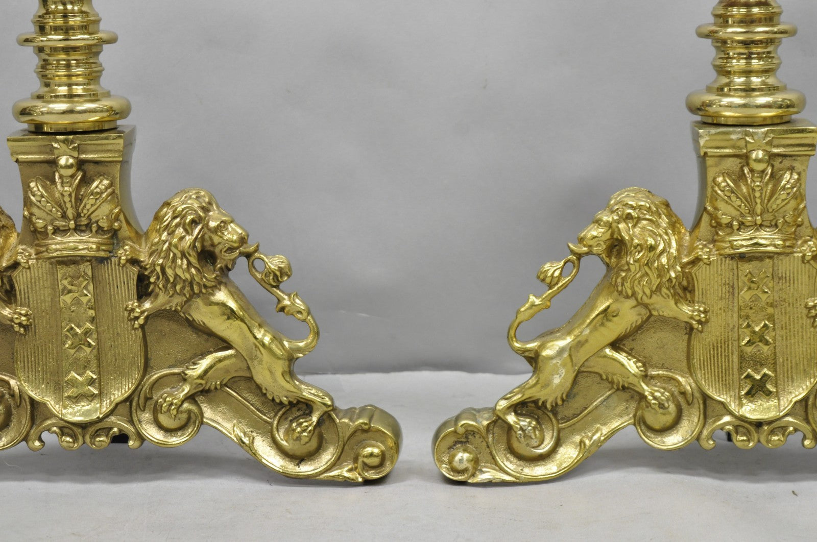 French Empire Renaissance Brass Lion Coat of Arms Cannonball Andirons - a Pair