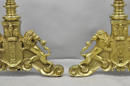 French Empire Renaissance Brass Lion Coat of Arms Cannonball Andirons - a Pair