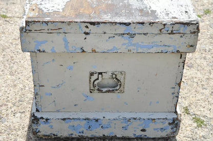 Antique English Campaign Gray Distress Painted Treasure Chest Trunk - LOCKED