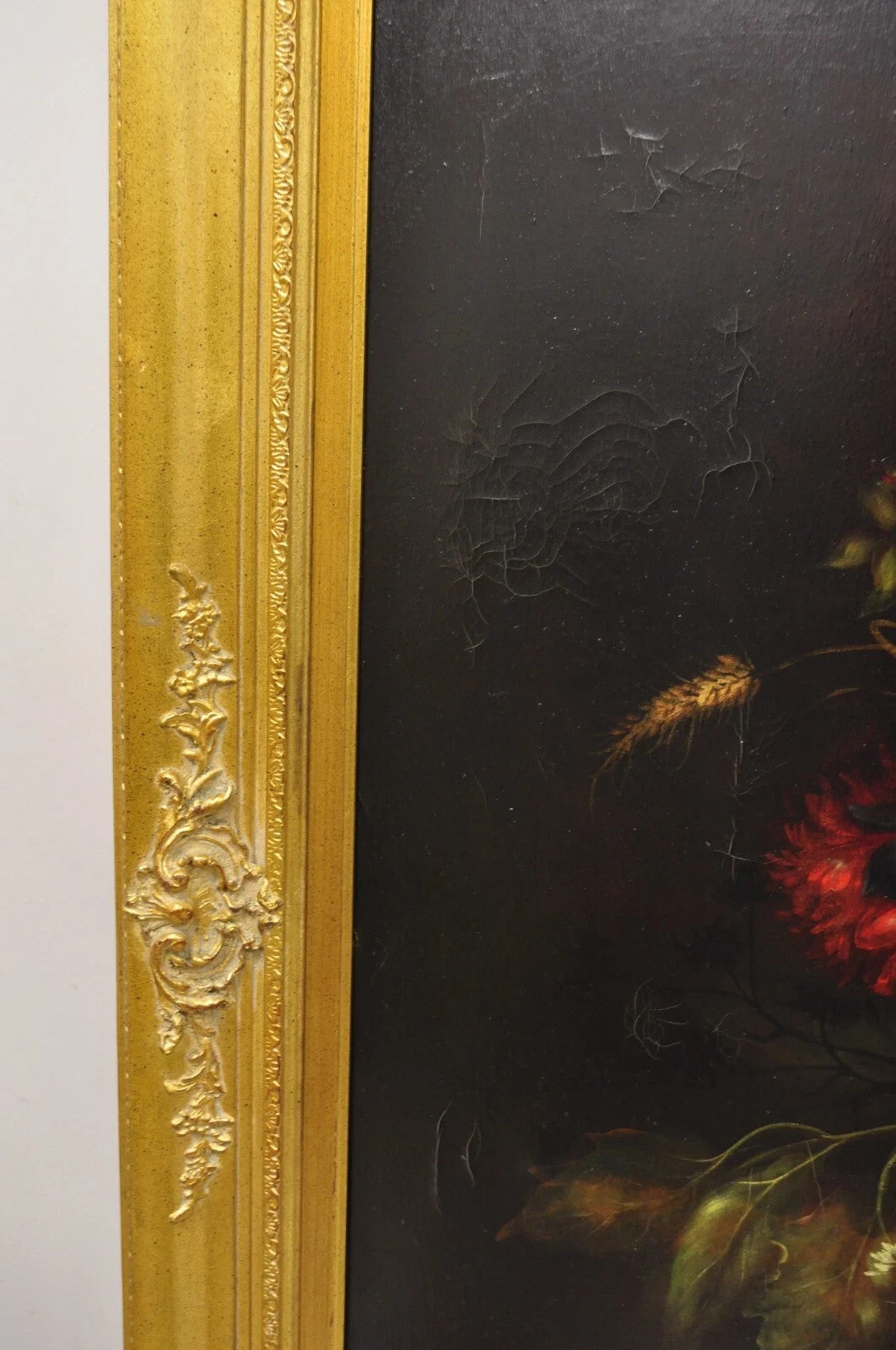 Large French 58 x 70 Gold Frame Still Life Oil Painting with Bouquet of Flowers