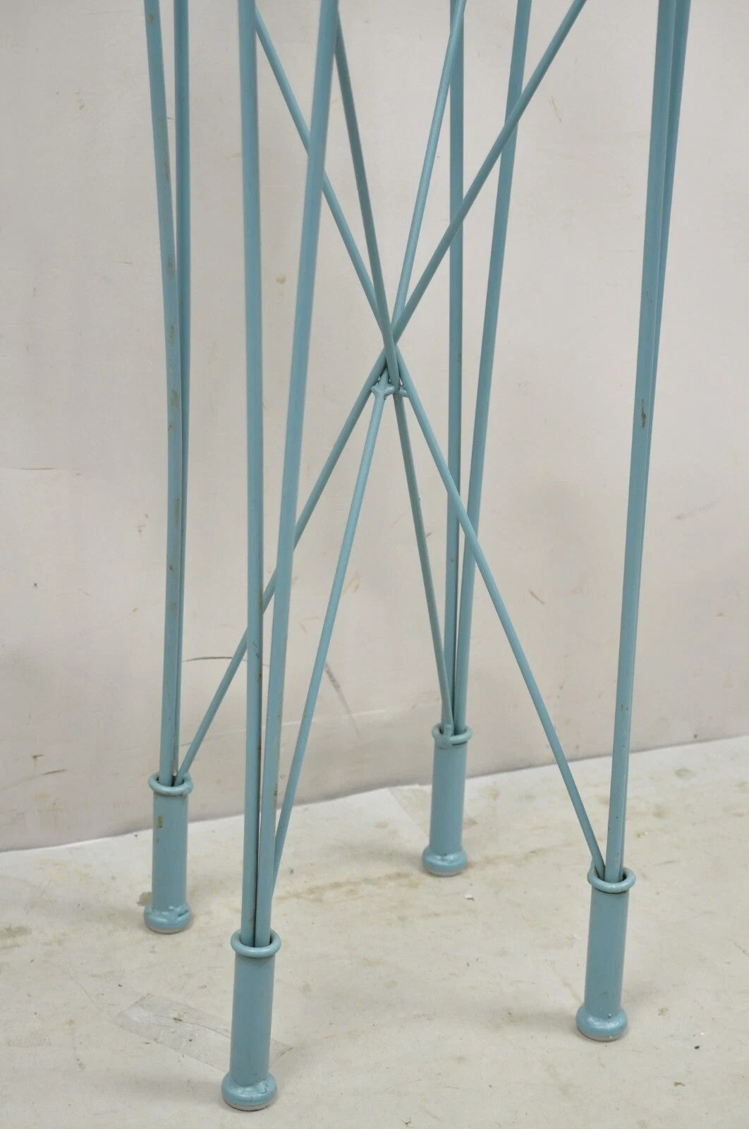 Postmodern Blue Wrought Iron "Skyscraper" Glass Top Pedestal Stand Side Table
