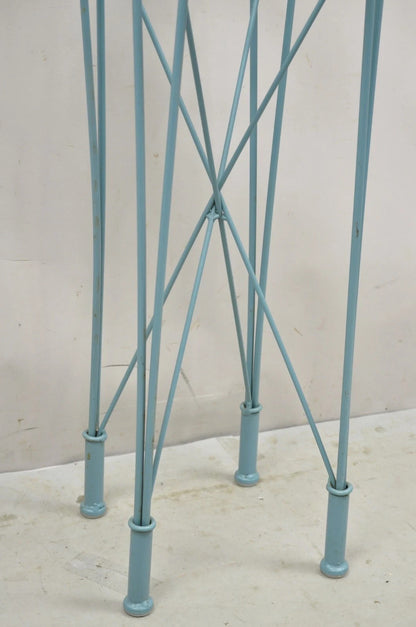 Postmodern Blue Wrought Iron "Skyscraper" Glass Top Pedestal Stand Side Table