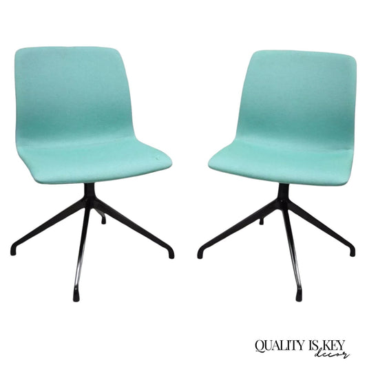 Contemporary Modern Hairpin Swivel Base Blue Upholstered Side Chair by OFS, Pair
