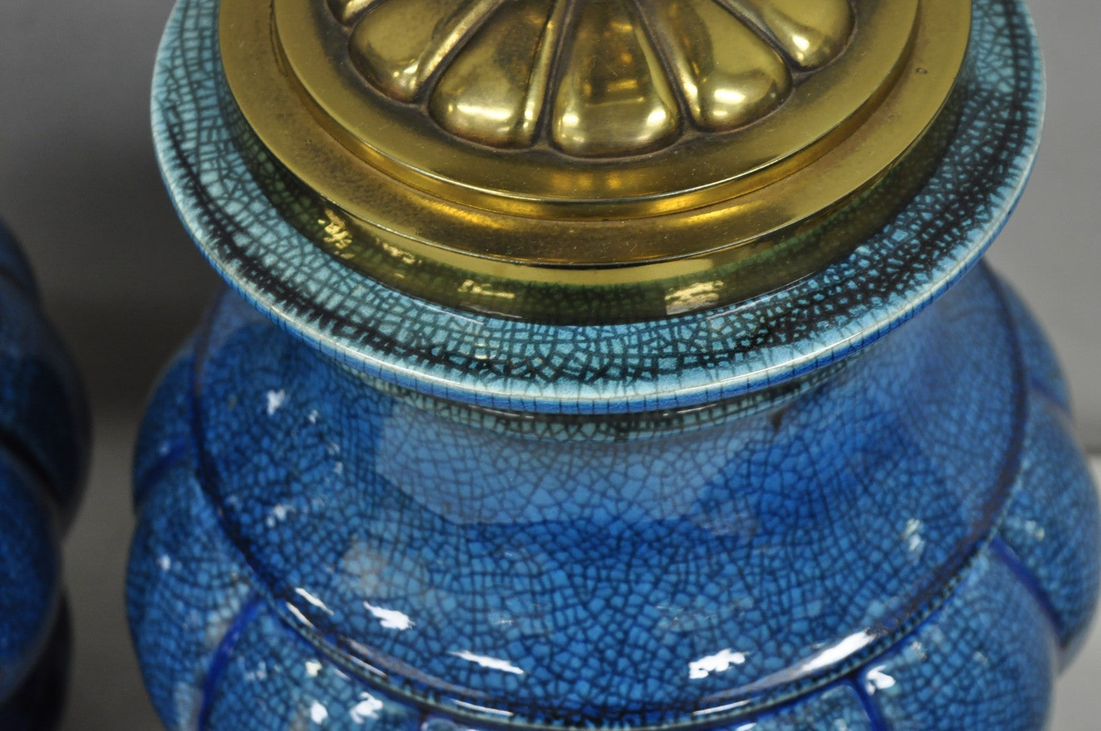 Stiffel Mid Century Modern Blue Crackle Glazed Ceramic Brass Table Lamps