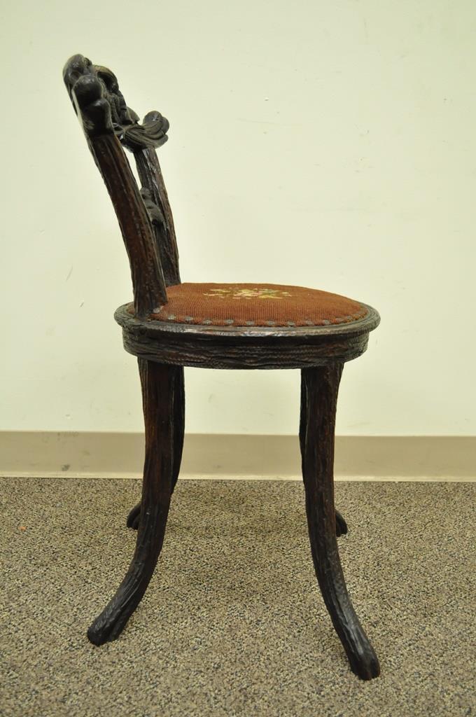 Antique Black Forest Faux Bois Carved Mahogany Twig Branch Side Vanity Chair
