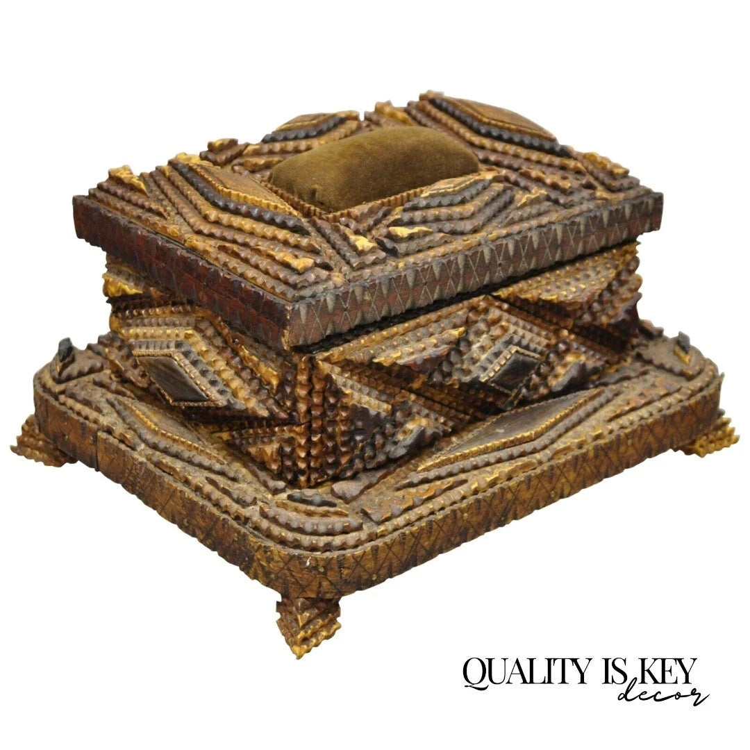 Antique Tramp Art Diamond 2 Tier Hinged Carved Wood Presentation Jewelry Box