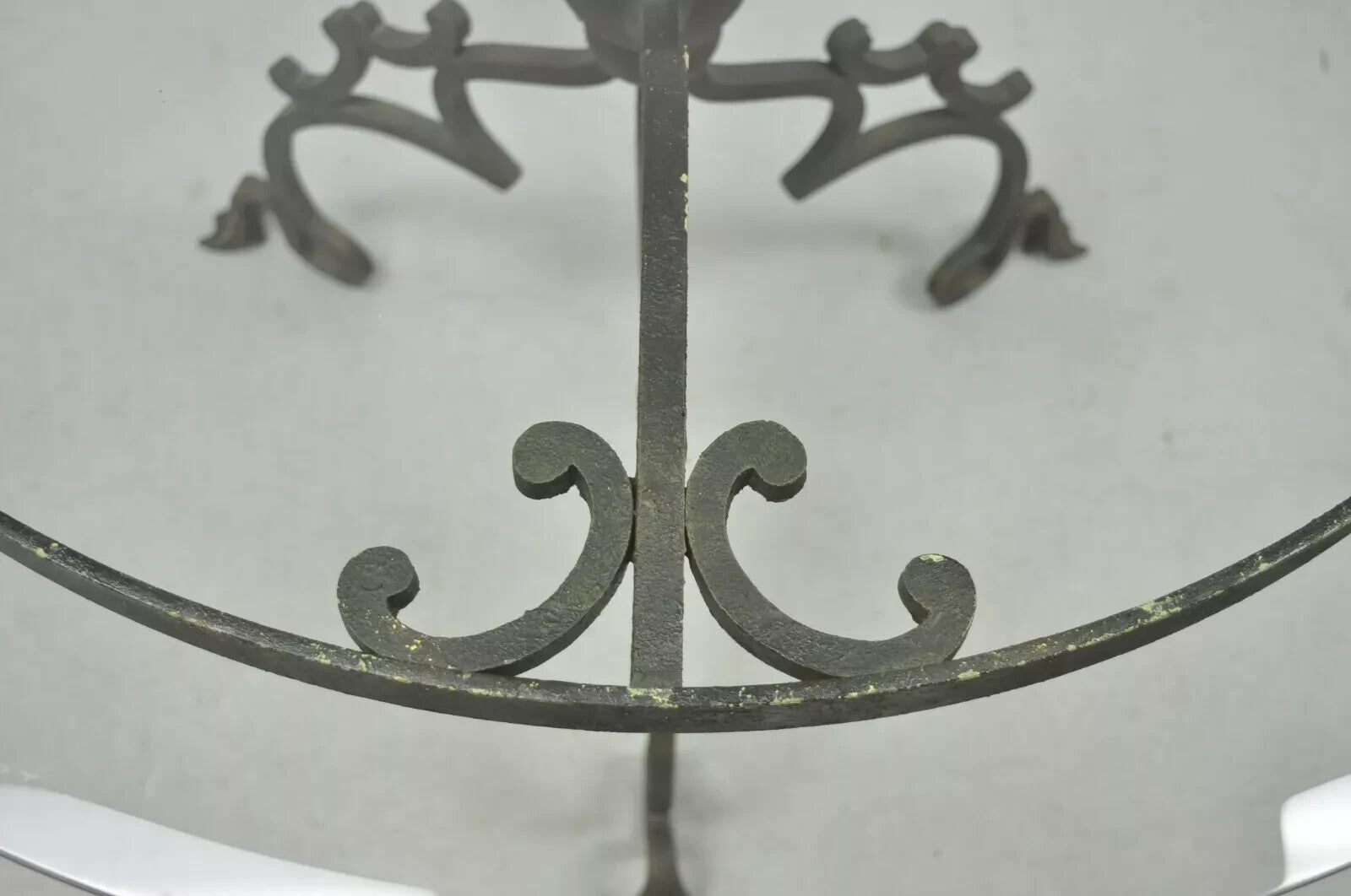 Vintage Gothic Style Wrought Iron Scrolling Base Round Glass Top Center Table