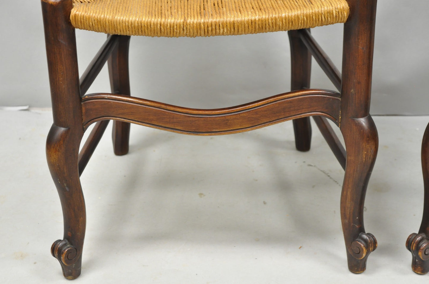 Antique William & Mary Style Carved Walnut Rose Rush Seat Side Chairs - a Pair