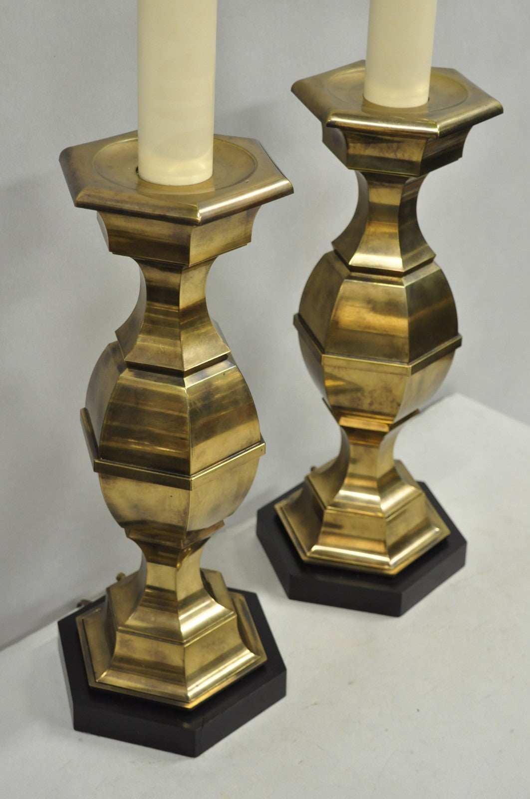 Vintage Hollywood Regency Burnished Brass Candlestick Table Lamps - a Pair