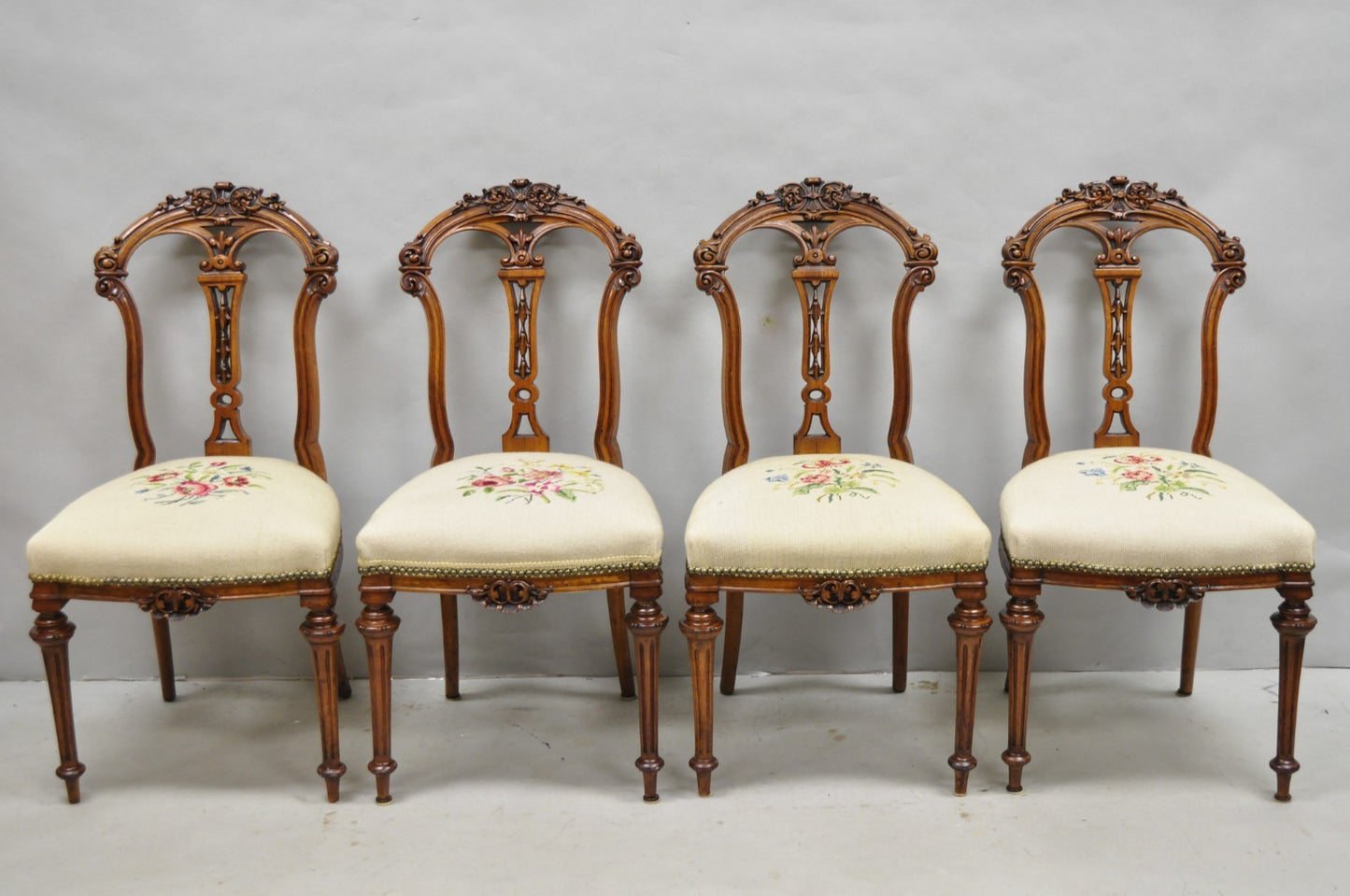 Antique Victorian Carved Walnut French Tapestry Parlor Side Chairs - Set of 4