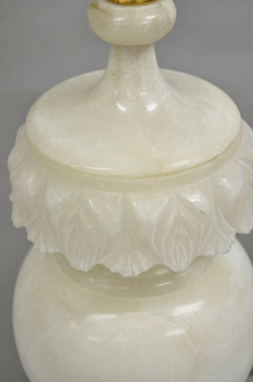 Antique Neoclassical Large Carved Solid Alabaster Marble Leaf Bulbous Table Lamp