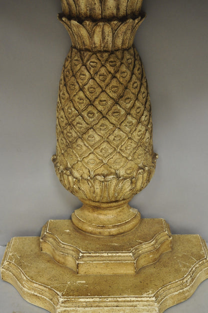 Hollywood Regency Carved Wood Pineapple Demilune Console Hall Tables - a Pair