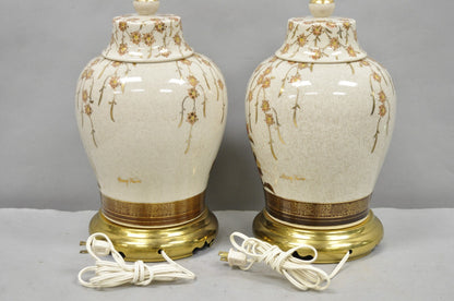 Vintage Chinese Chinoiserie Porcelain Ginger Jar Painted Floral Table Lamp Pair