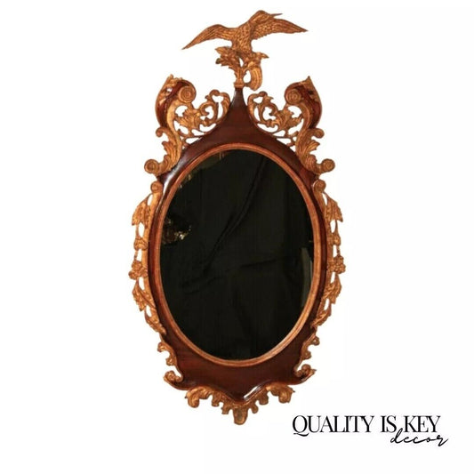 Antique Chippendale Style Mahogany and Giltwood Mallard Duck Oval Wall Mirror