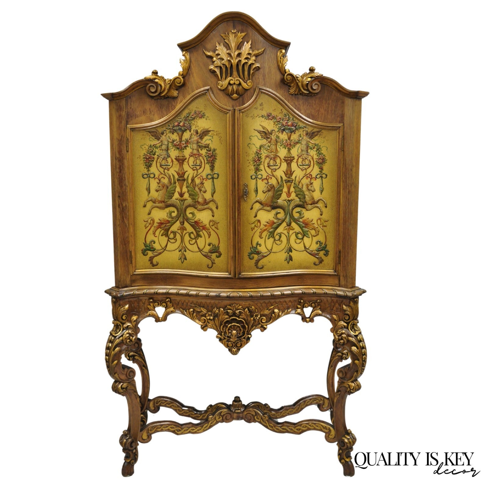 French Rococo Carved Walnut Hand Painted Louis XV Style Blind China Cabinet Bar