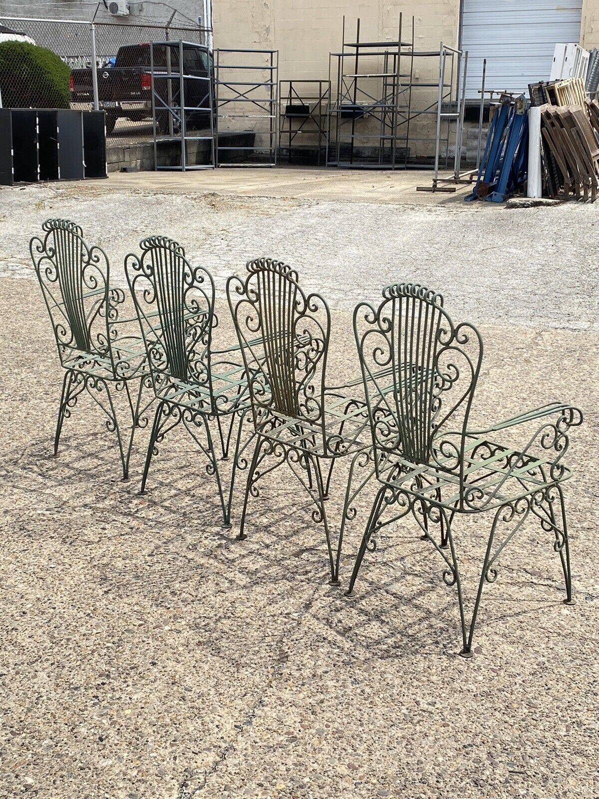 Vintage Neoclassical Style Green Wrought Iron Lyre Harp Garden Chairs - Set of 4