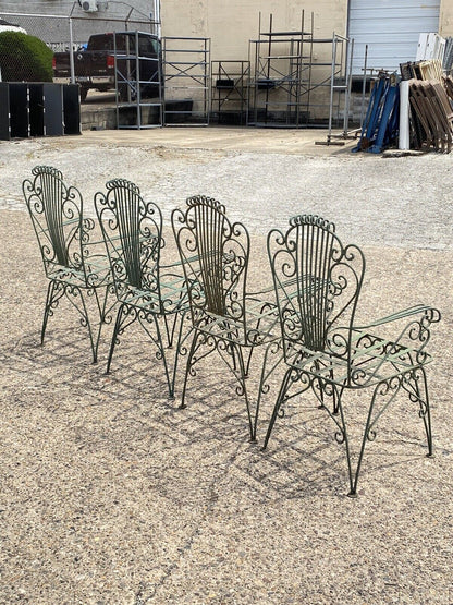 Vintage Neoclassical Style Green Wrought Iron Lyre Harp Garden Chairs - Set of 4
