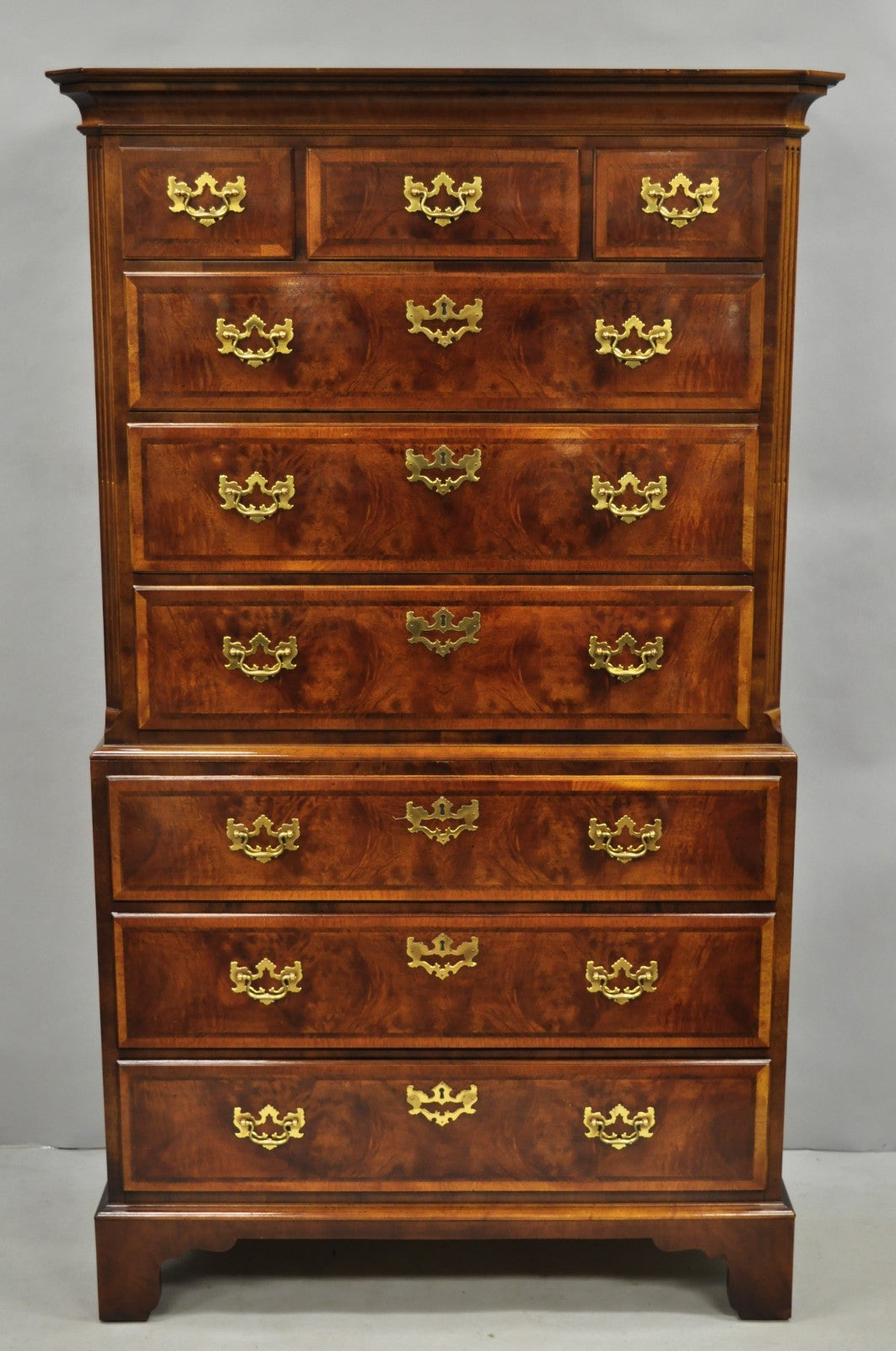 Henredon Aston Court Burl Wood Georgian Mahogany Tall Chest Highboy Dresser