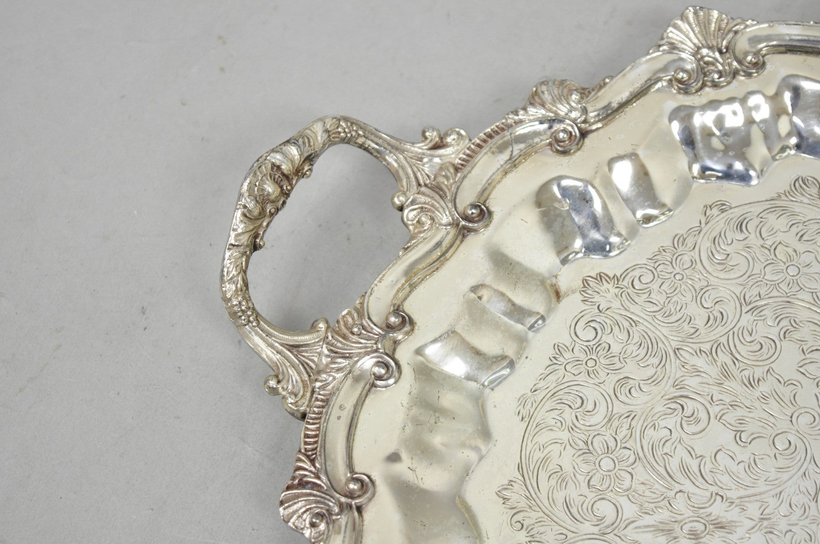 Vintage Victorian Silver Plated Round Scalloped Twin Handle Bar Serving Tray