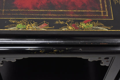 Vintage Chinoiserie Black Lacquered Red Leather Top 2 Tier End Tables - a Pair