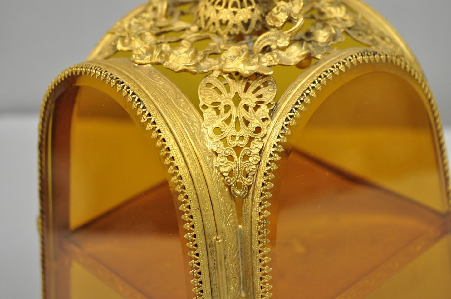 Vintage French Victorian Amber Glass Gold Filigree Vanity Jewelry Box Casket