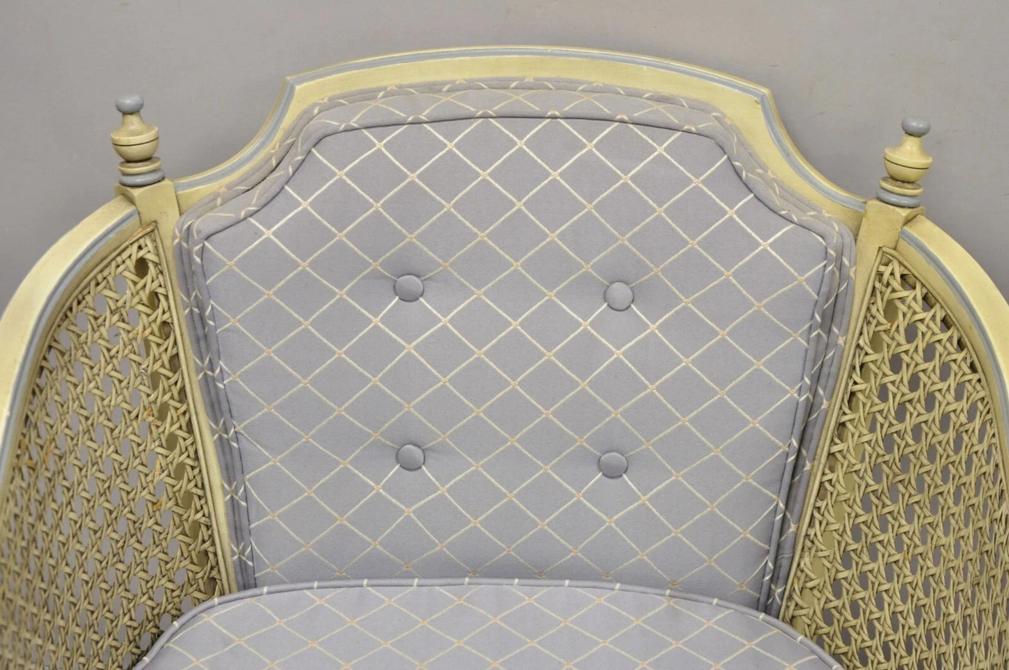 Vintage Hollywood Regency Cream Painted Cane Side Club Lounge Chairs - a Pair