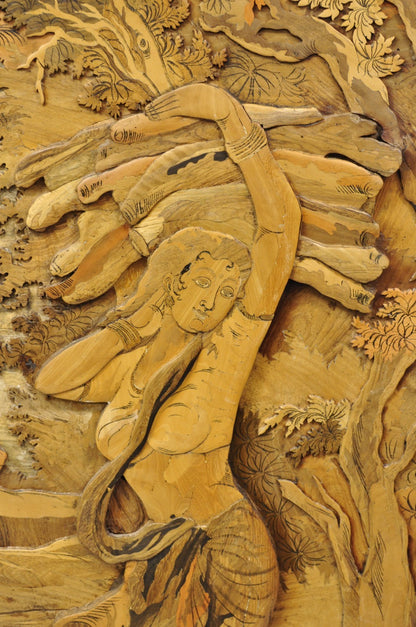 Vintage Large 60" Anglo Indian High Relief Carved Wood Thai Woman Art Plaque