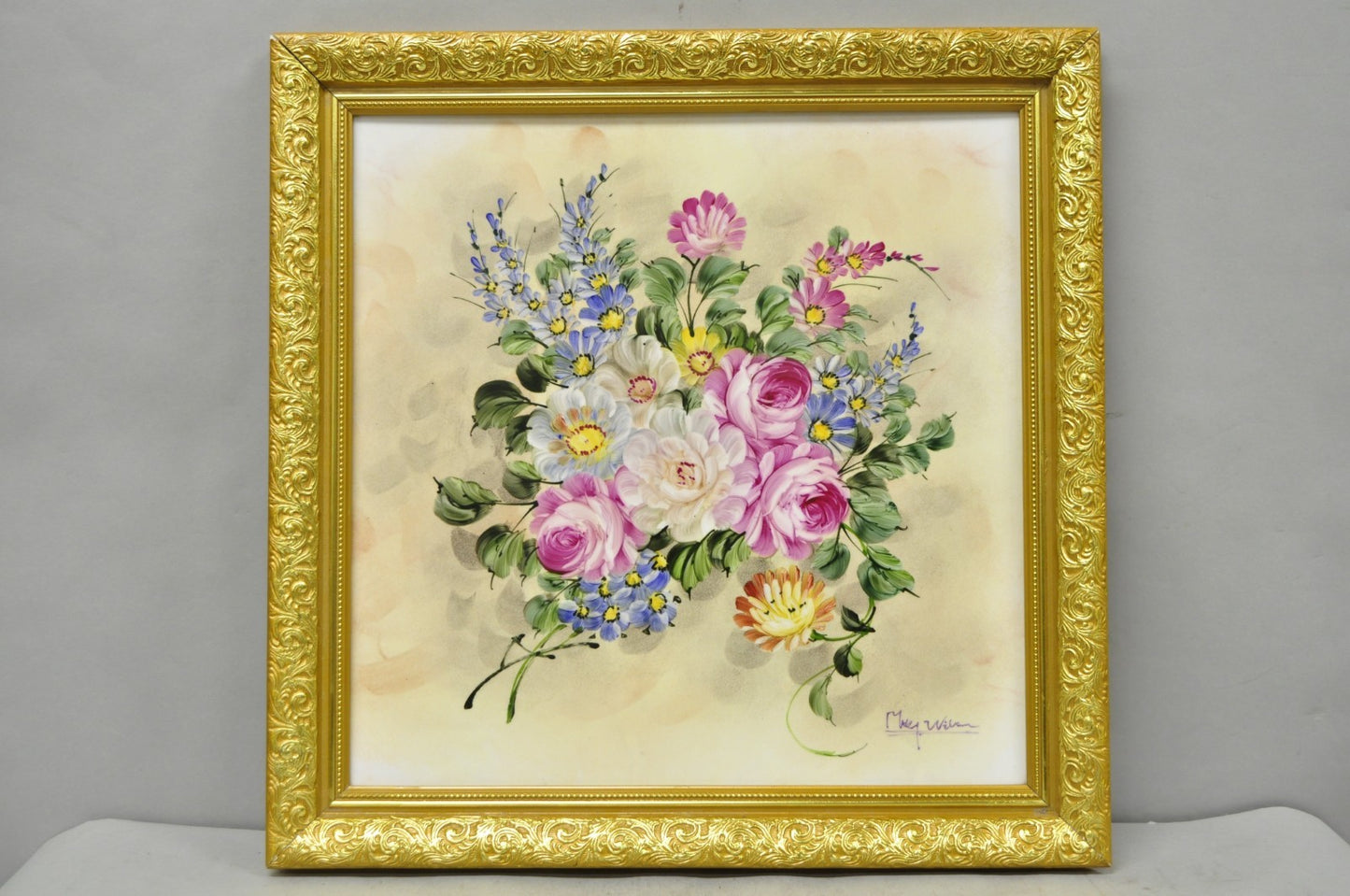 Mary Wilson French Hand Painted Porcelain Plaque Pink Rose Flower Painting (B)