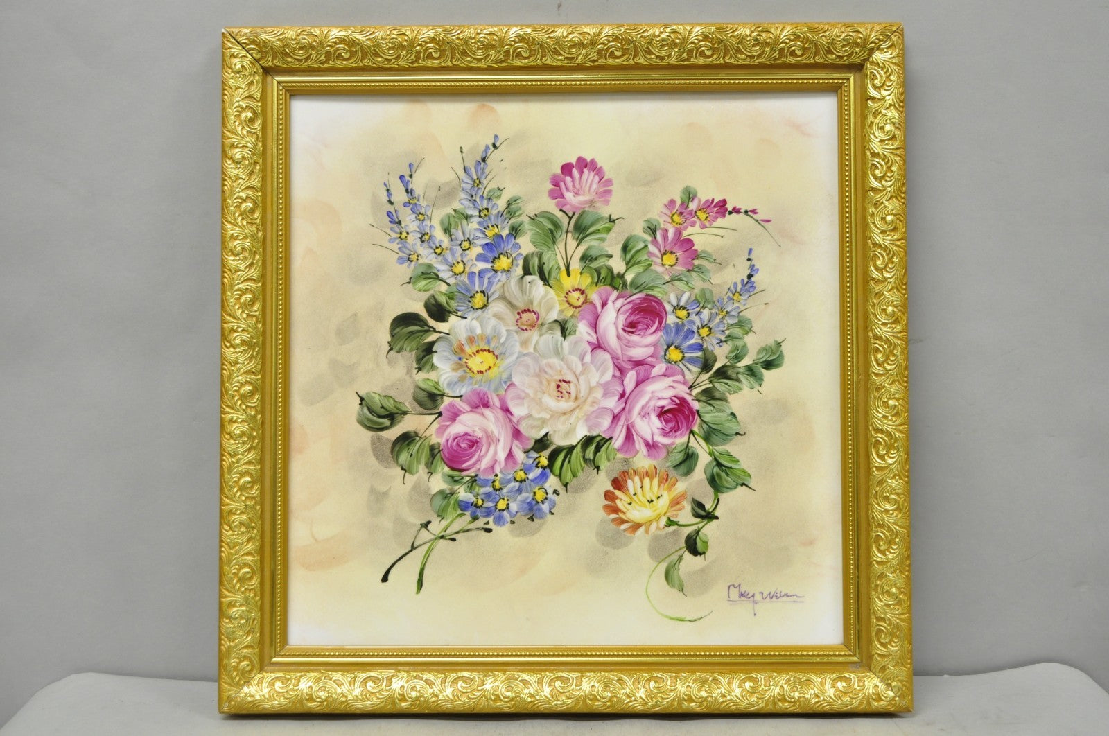 Mary Wilson French Hand Painted Porcelain Plaque Pink Rose Flower Painting (B)