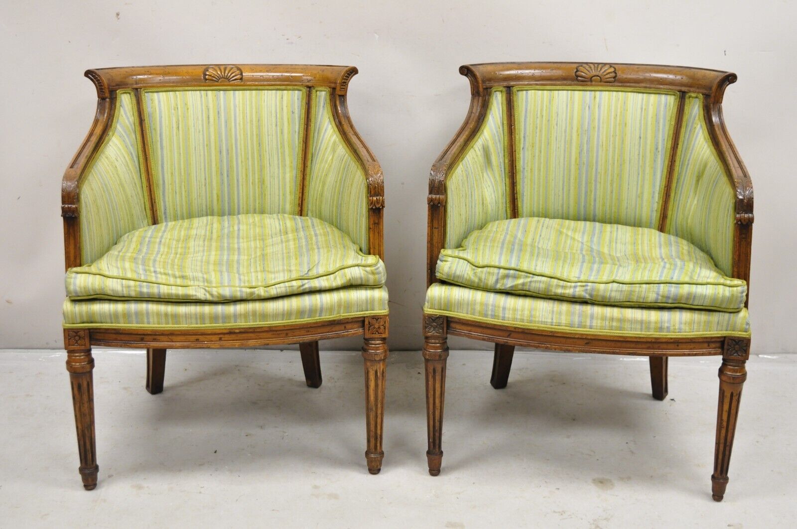 Antique Italian Regency Distressed Carved Walnut Barrel Back Club Chairs - Pair