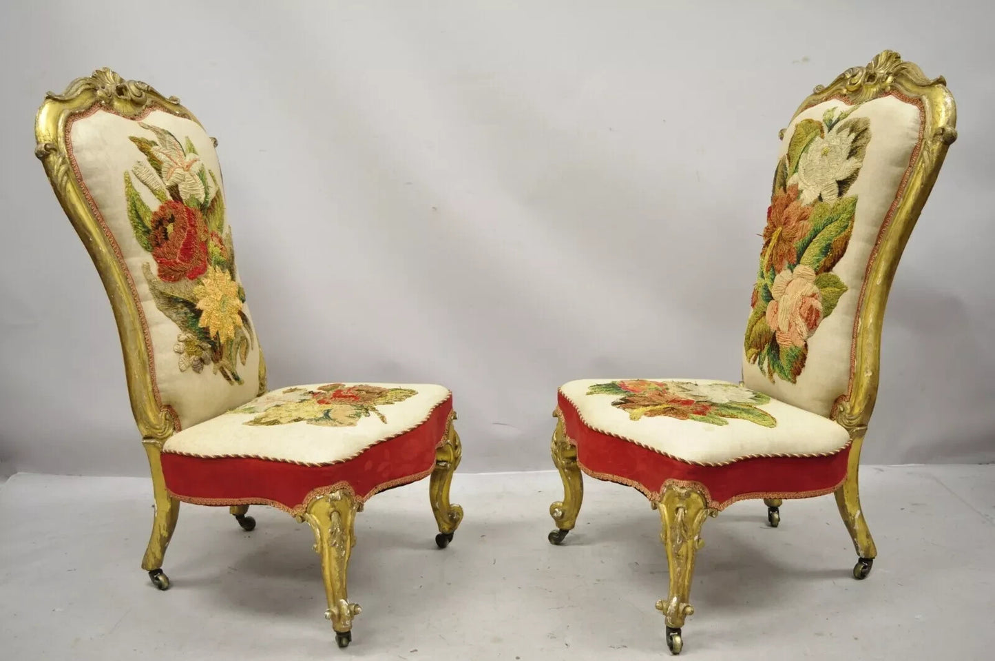 Antique Victorian Gold Giltwood Rococo Parlor Slipper Lounge Chairs - a Pair