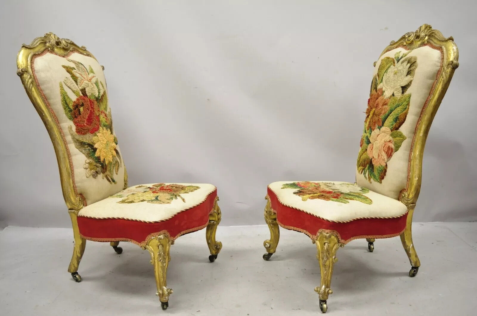 Antique Victorian Gold Giltwood Rococo Parlor Slipper Lounge Chairs - a Pair