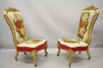 Antique Victorian Gold Giltwood Rococo Parlor Slipper Lounge Chairs - a Pair