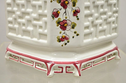 Vintage Chinoiserie Italian Porcelain Lattice Fretwork Pink Flower Planter Pot