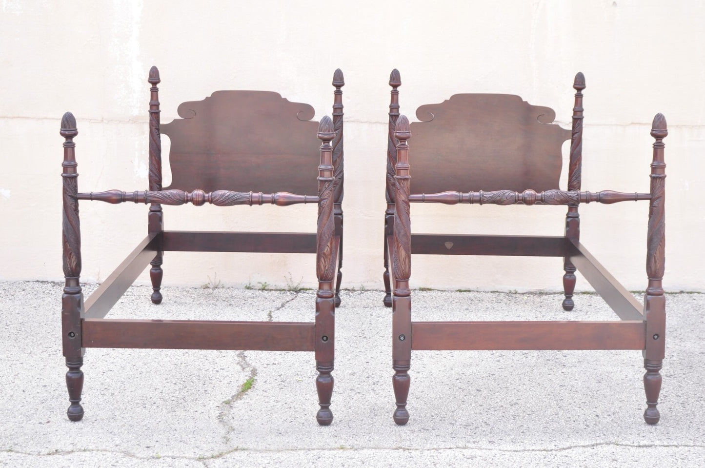 Antique Sheraton Federal Carved Mahogany Acorn Finial Twin Bed by Richter - Pair