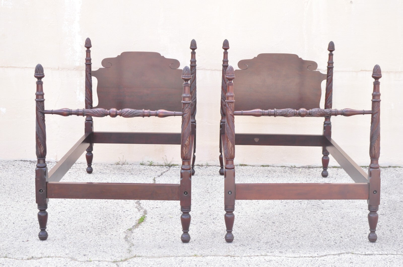 Antique Sheraton Federal Carved Mahogany Acorn Finial Twin Bed by Richter - Pair