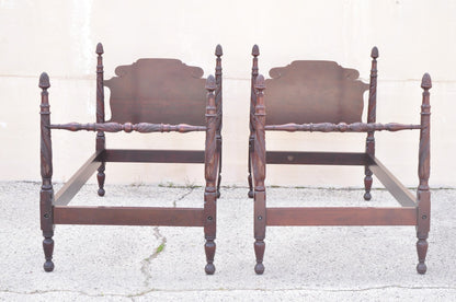 Antique Sheraton Federal Carved Mahogany Acorn Finial Twin Bed by Richter - Pair