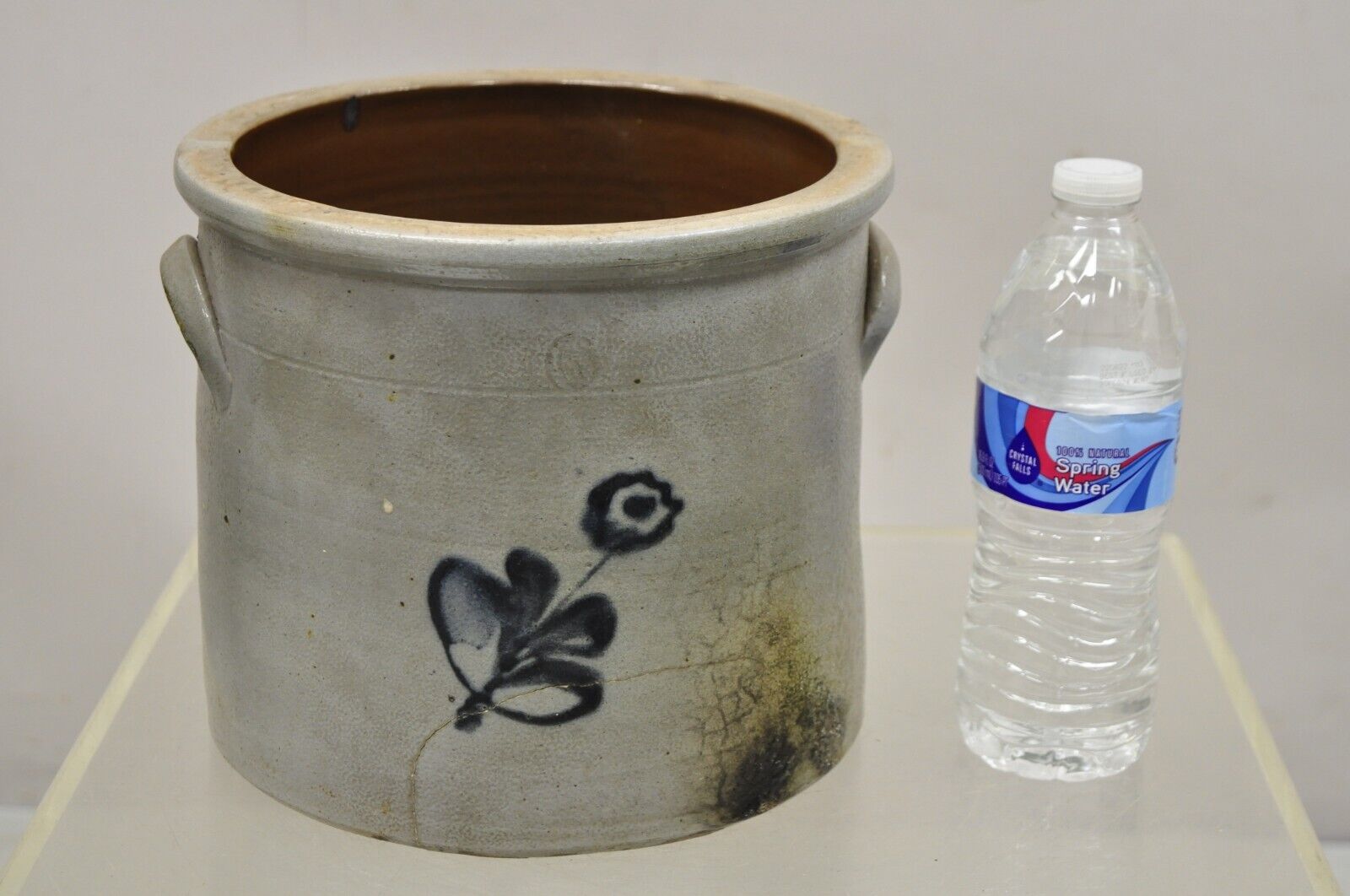 Antique Stoneware Salt Glazed 9" Round Pottery Crock Pot with Blue Flower