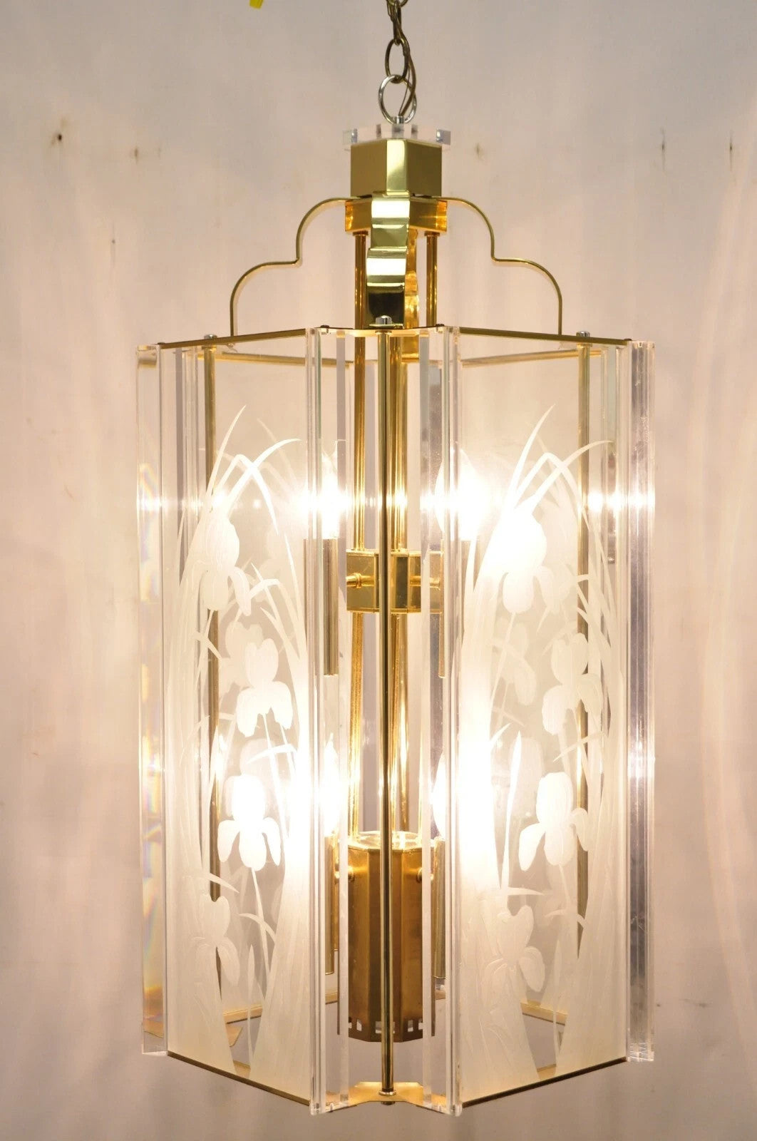 Vintage Fredrick Ramond Mid Century Modern Brass Lucite Glass Pendant Chandelier