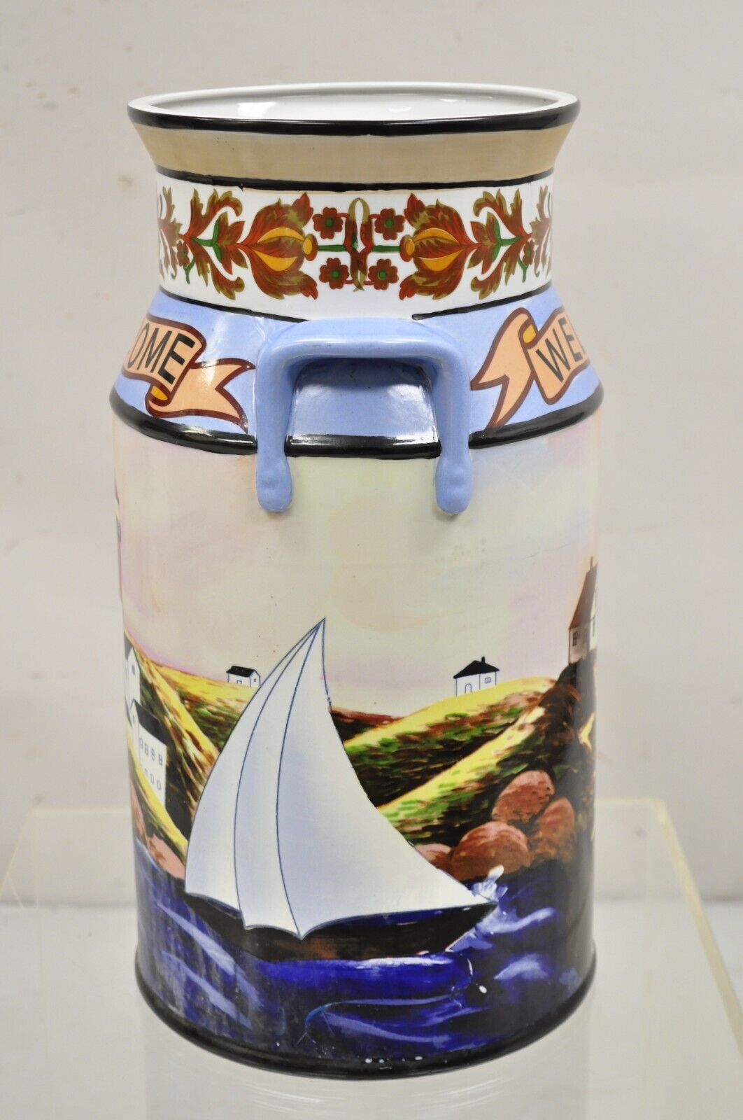 Vintage Nautical Painted Lighthouse and Flag Ceramic Umbrella Cane Holder