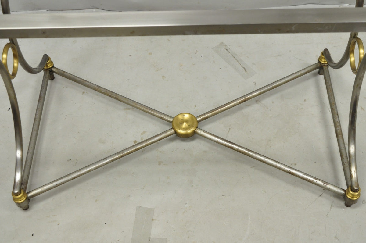 Vintage Directoire Maison Jansen Style Steel & Brass Marble Top Console Table